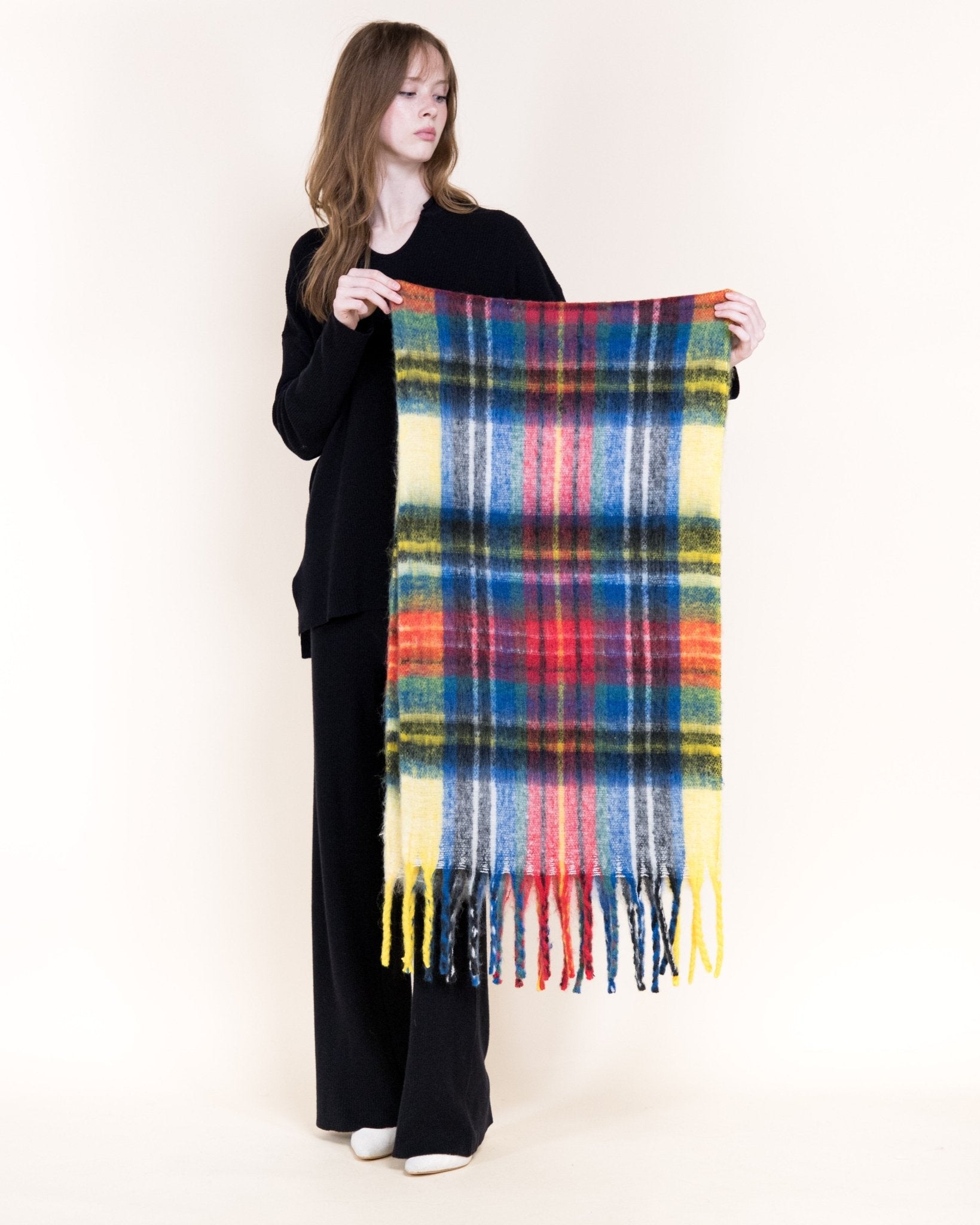 Fuzzy Colorburst Plaid Scarf - Yellow - Very Moda