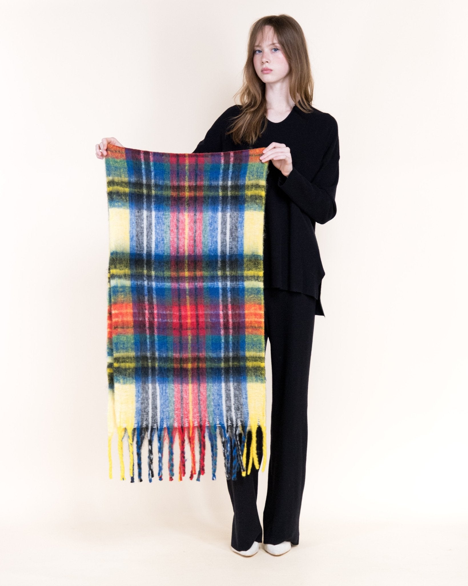 Fuzzy Colorburst Plaid Scarf - Yellow - Very Moda