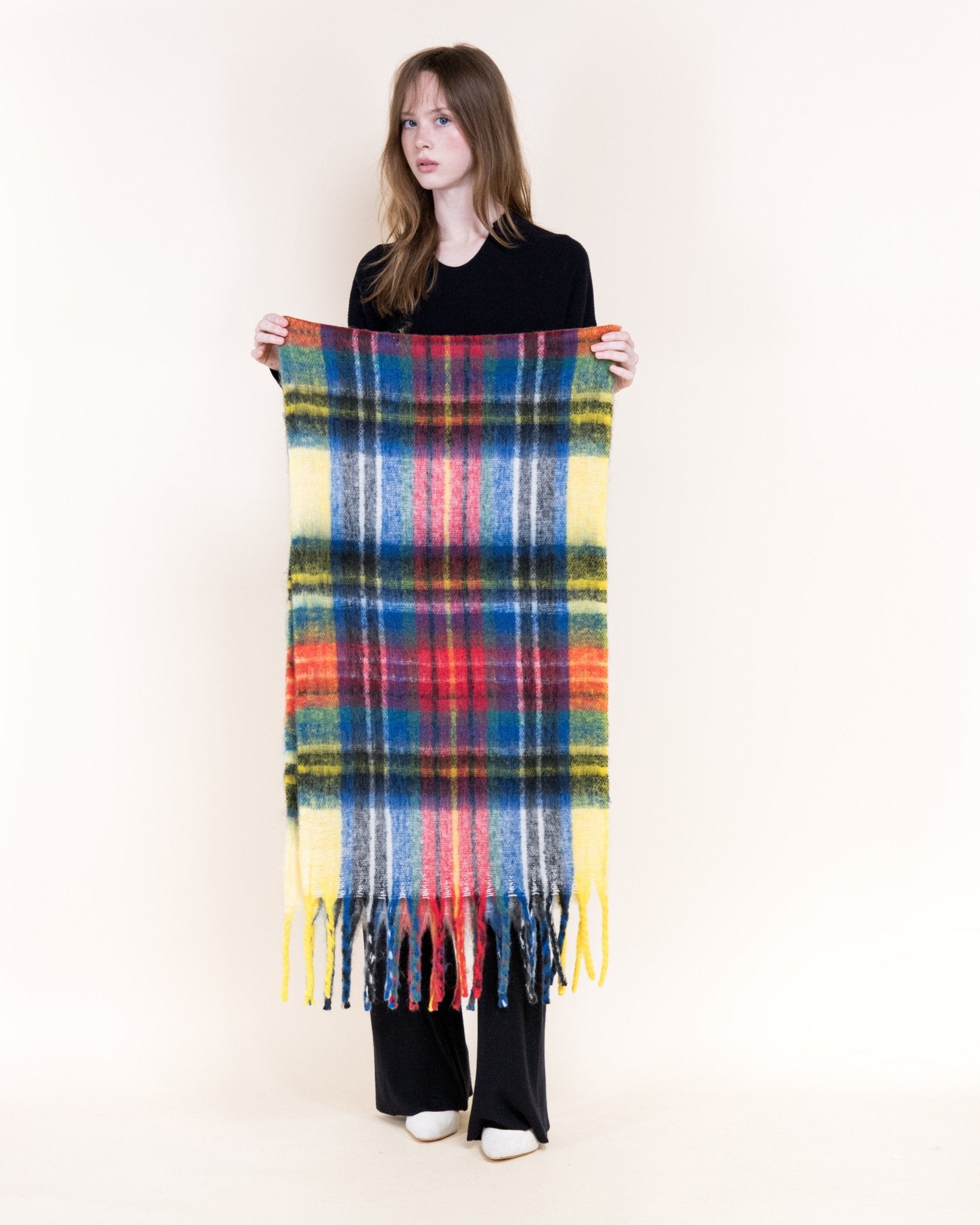 Fuzzy Colorburst Plaid Scarf - Yellow - Very Moda