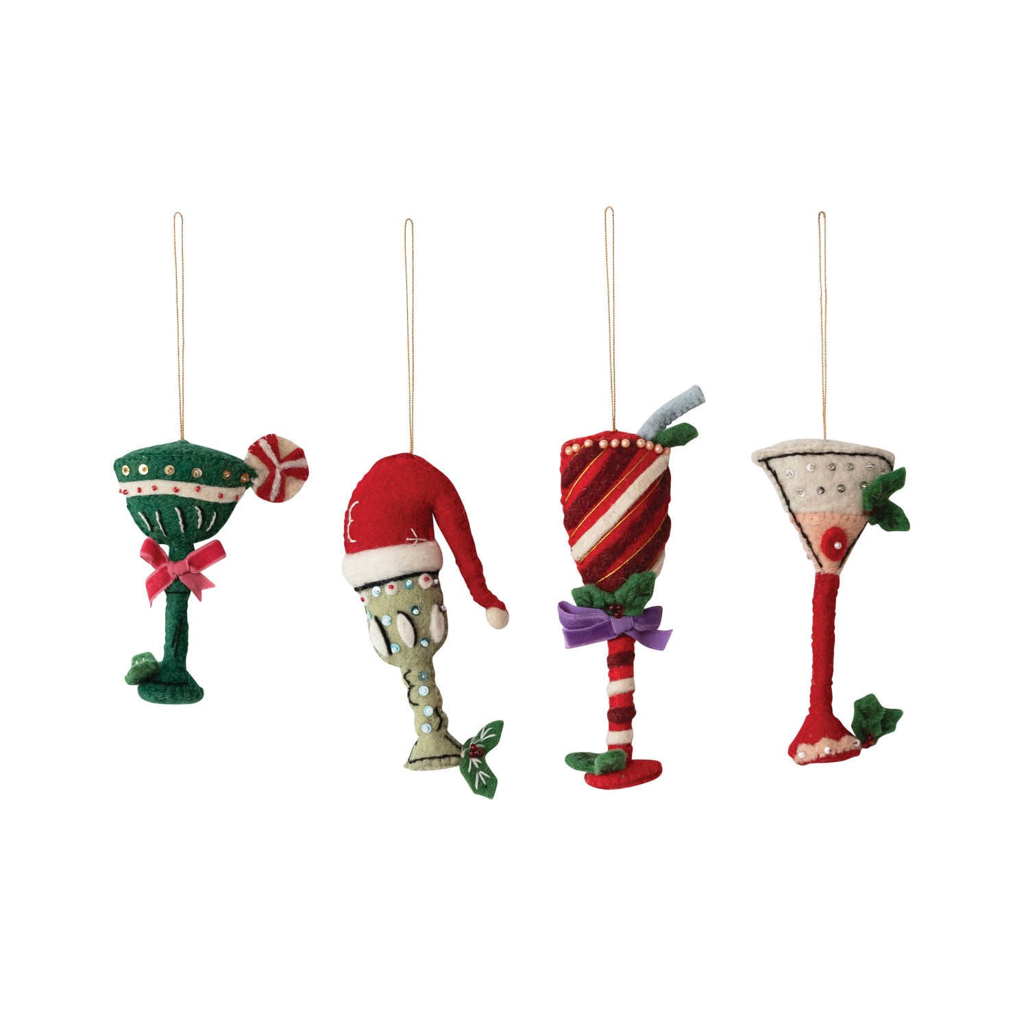 Handmade wool felt holiday cocktail ornaments in four styles with bows, hats and holly