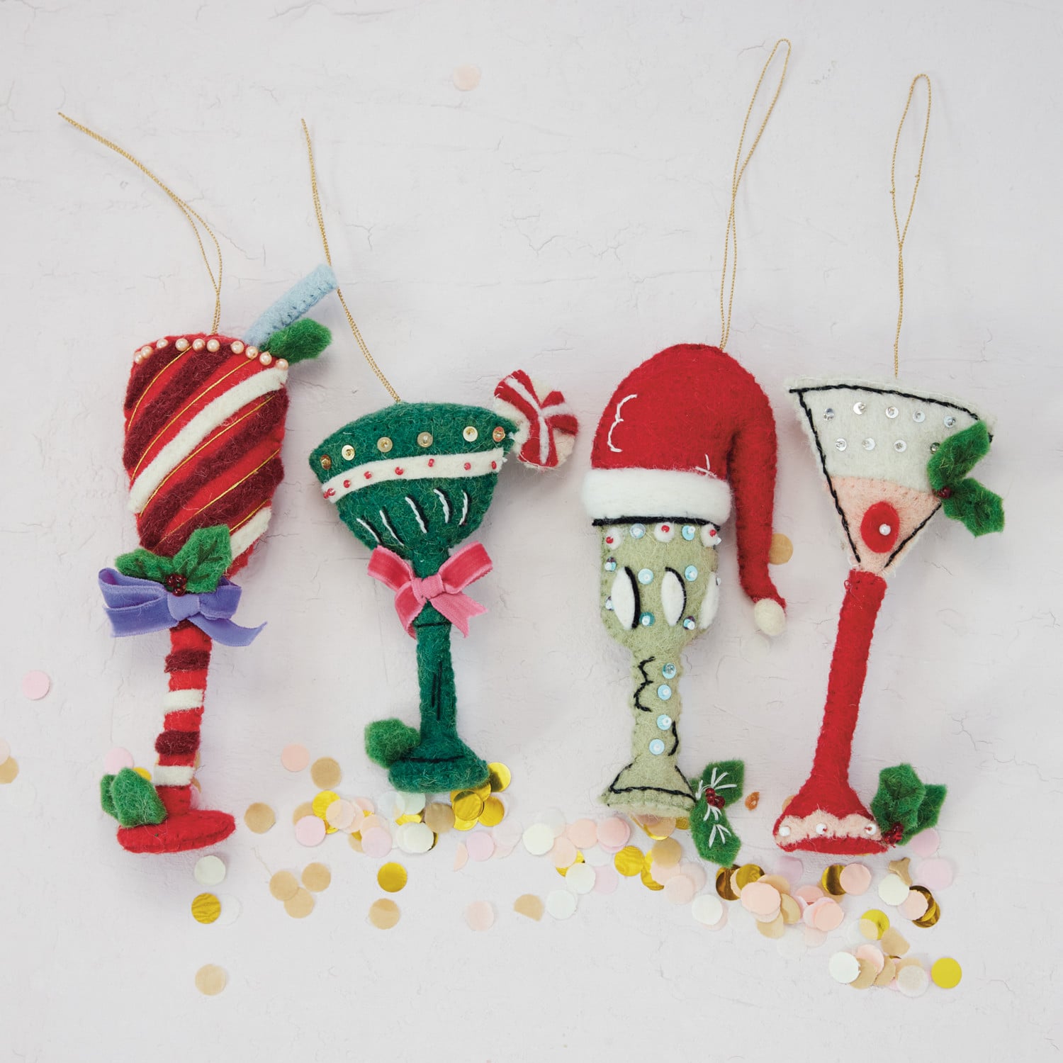 Handmade wool felt holiday cocktail ornaments in four styles, view 2