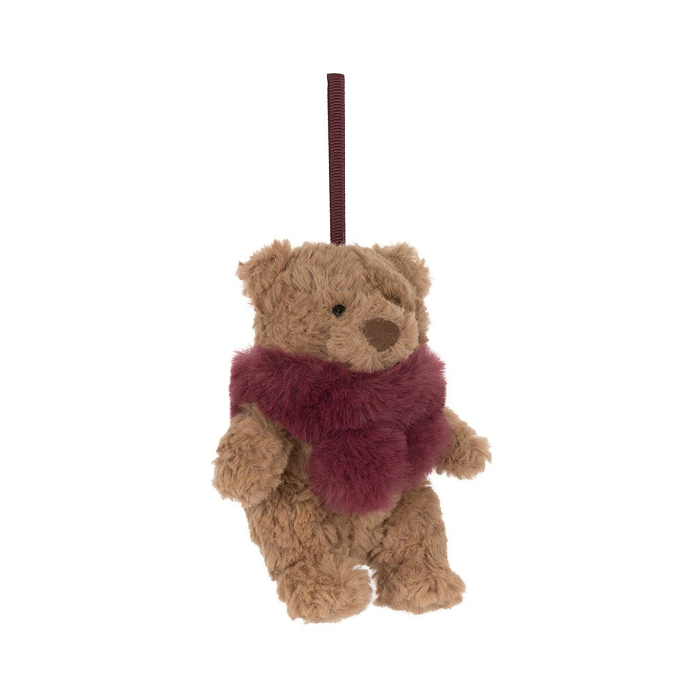Jellycat Bartholomew Bear holiday decoration wearing a red woolly scarf, front view