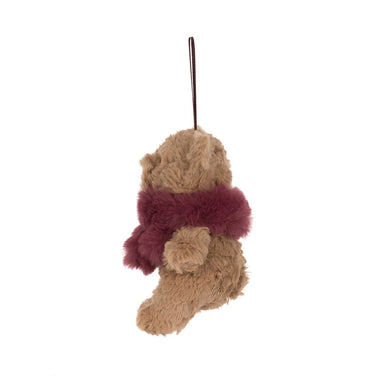 Jellycat Bartholomew Bear holiday decoration wearing a red woolly scarf, another angle