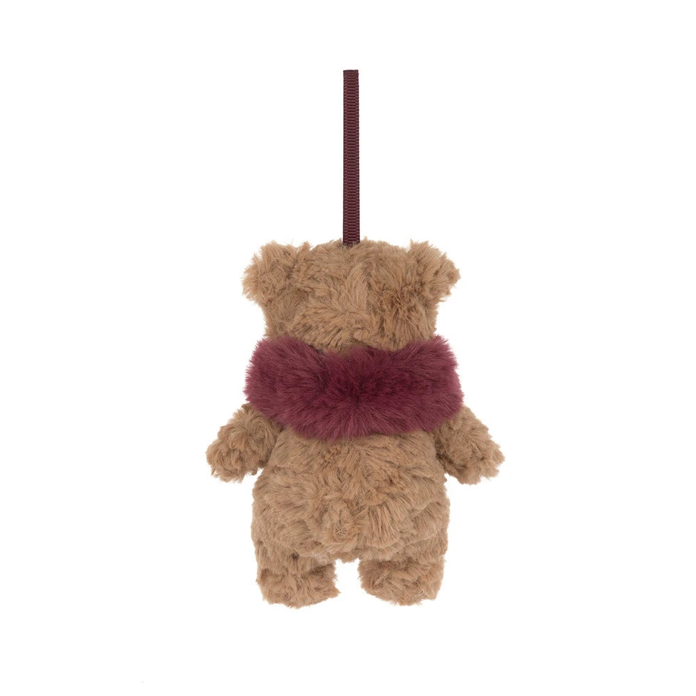 Jellycat Bartholomew Bear holiday decoration wearing a red woolly scarf, another angle