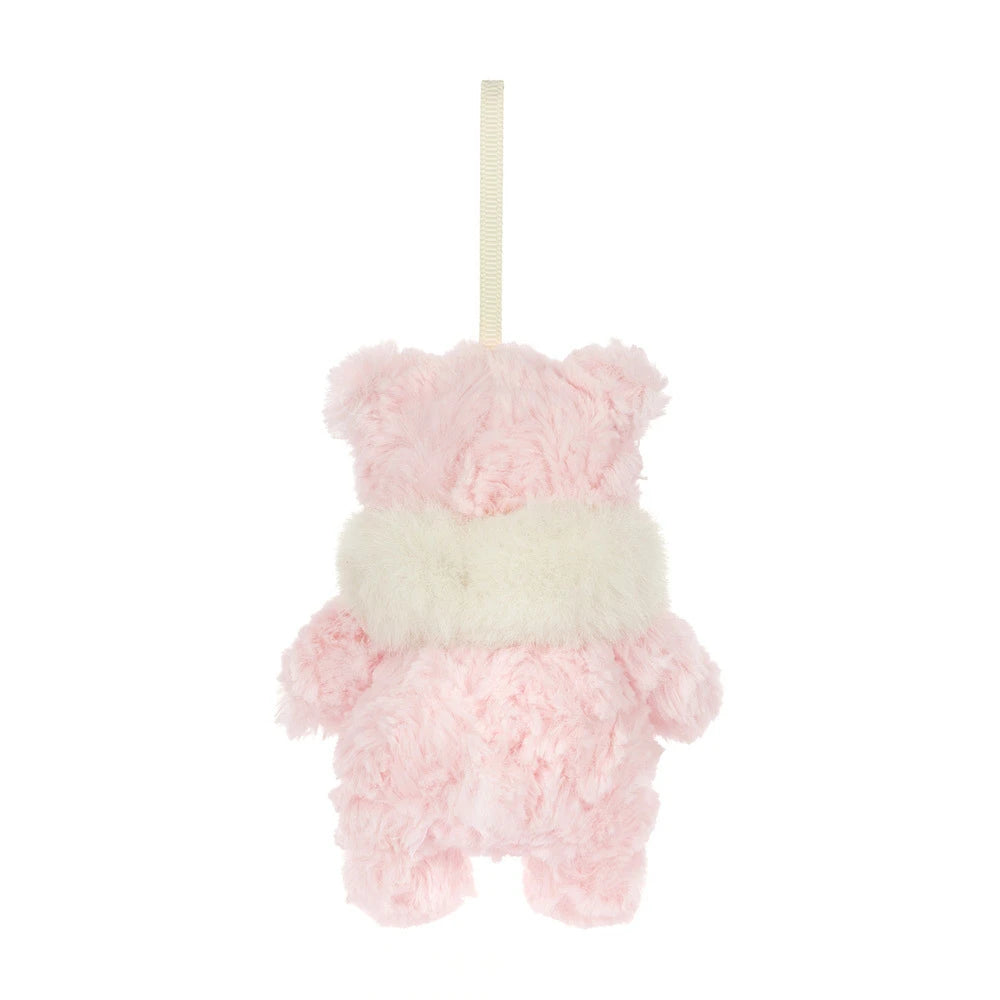 Jellycat Leola Bear holiday decoration in her festive outfit, another angle