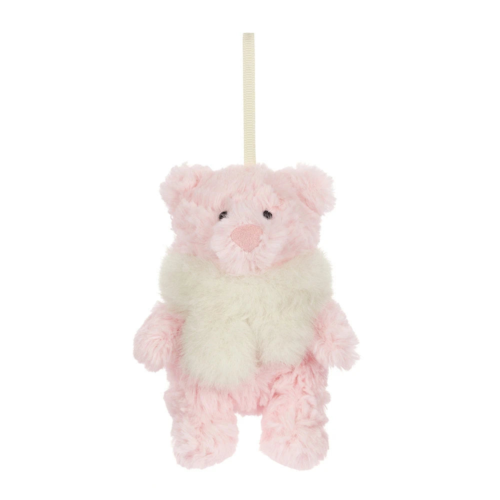 Jellycat Leola Bear holiday decoration in her festive outfit, another angle