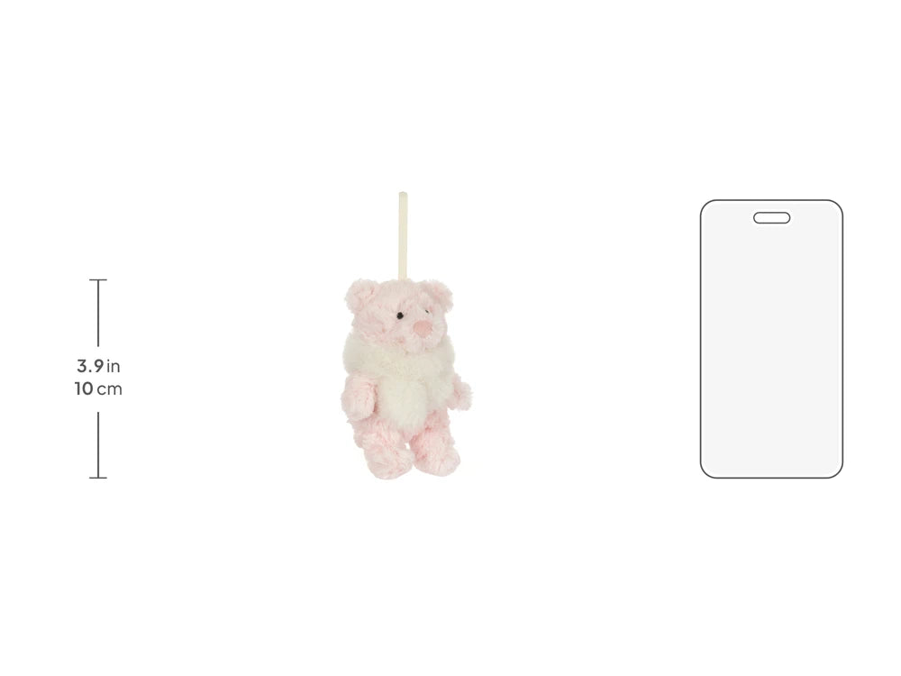 Jellycat Leola Bear holiday decoration in her festive outfit, size shown next to a 5.5 inch phone