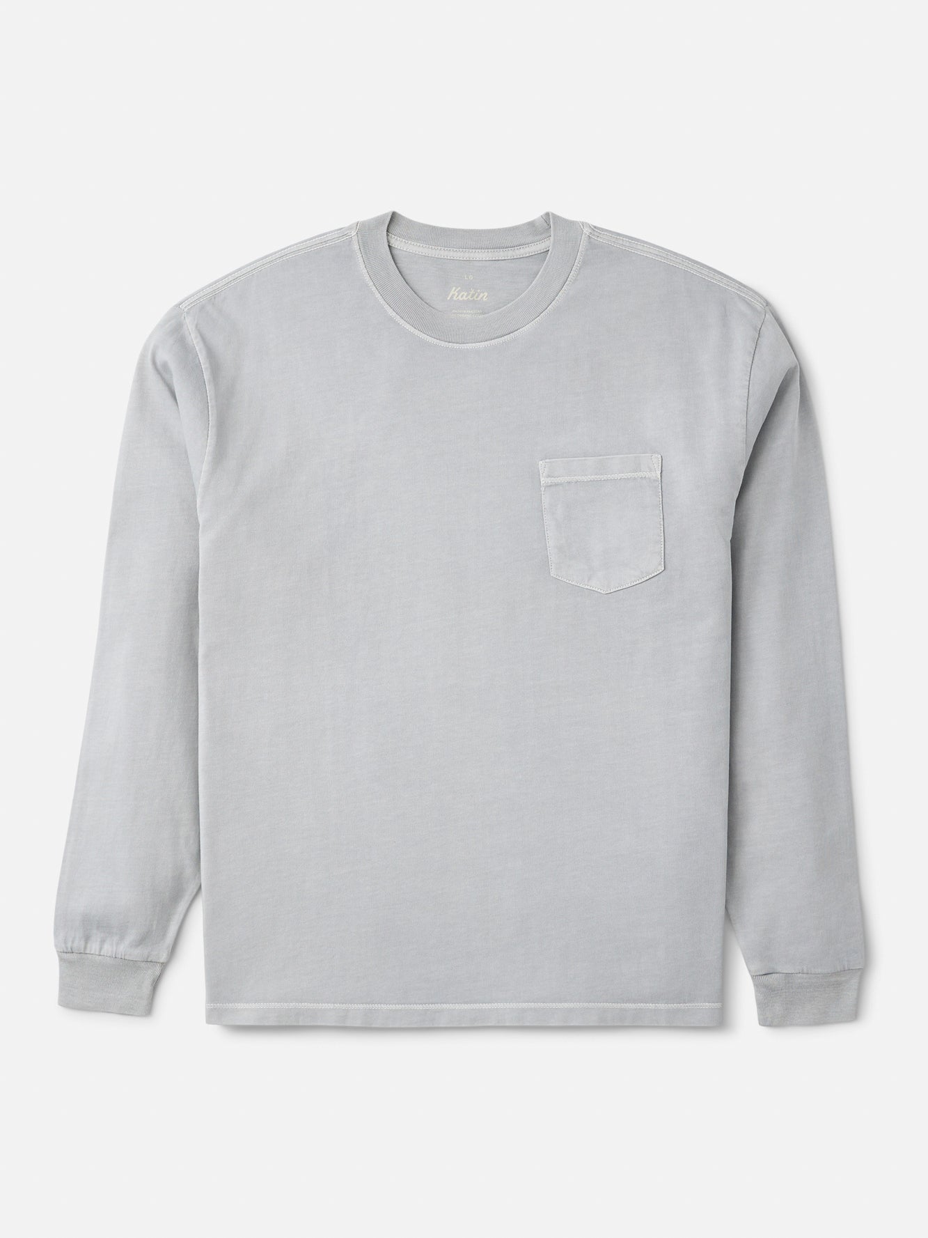 Katin Base long sleeve tee in faded gray blue organic cotton, laid flat, front view