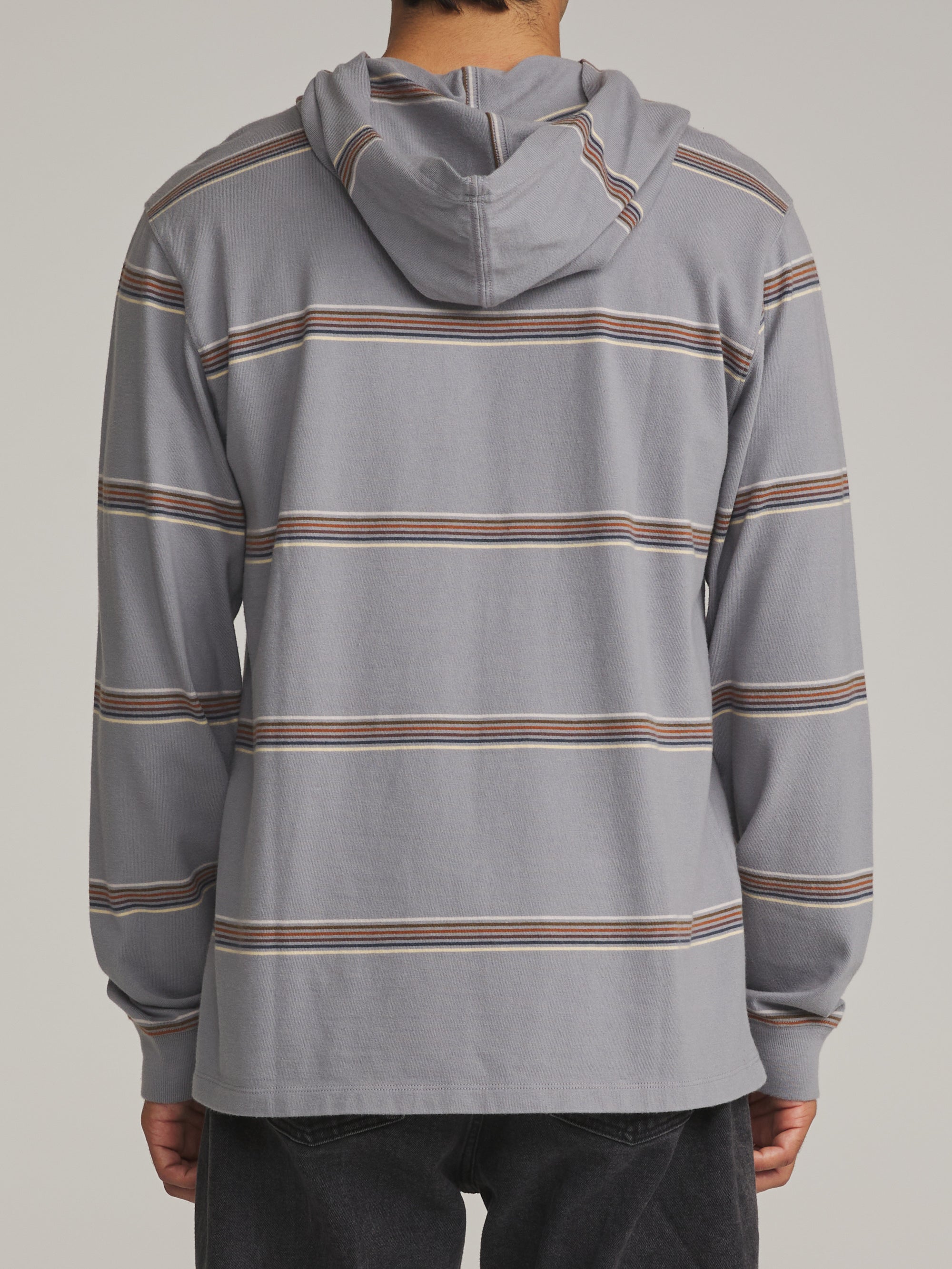 Back view of the storm blue striped Katin Morris hooded pullover on a model