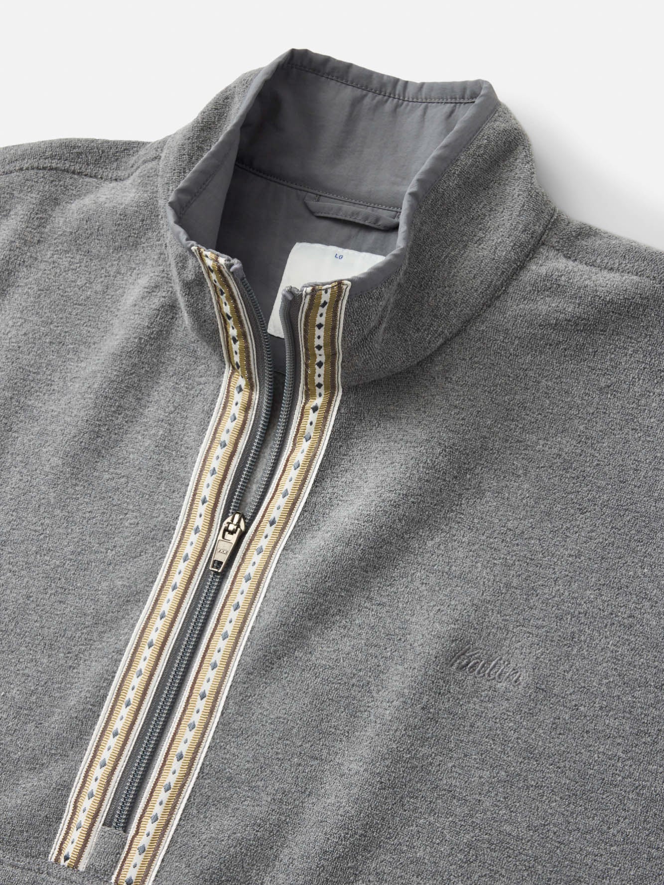 Close-up of the charcoal gray Nelson fleece showing the zipper pull and mock neck