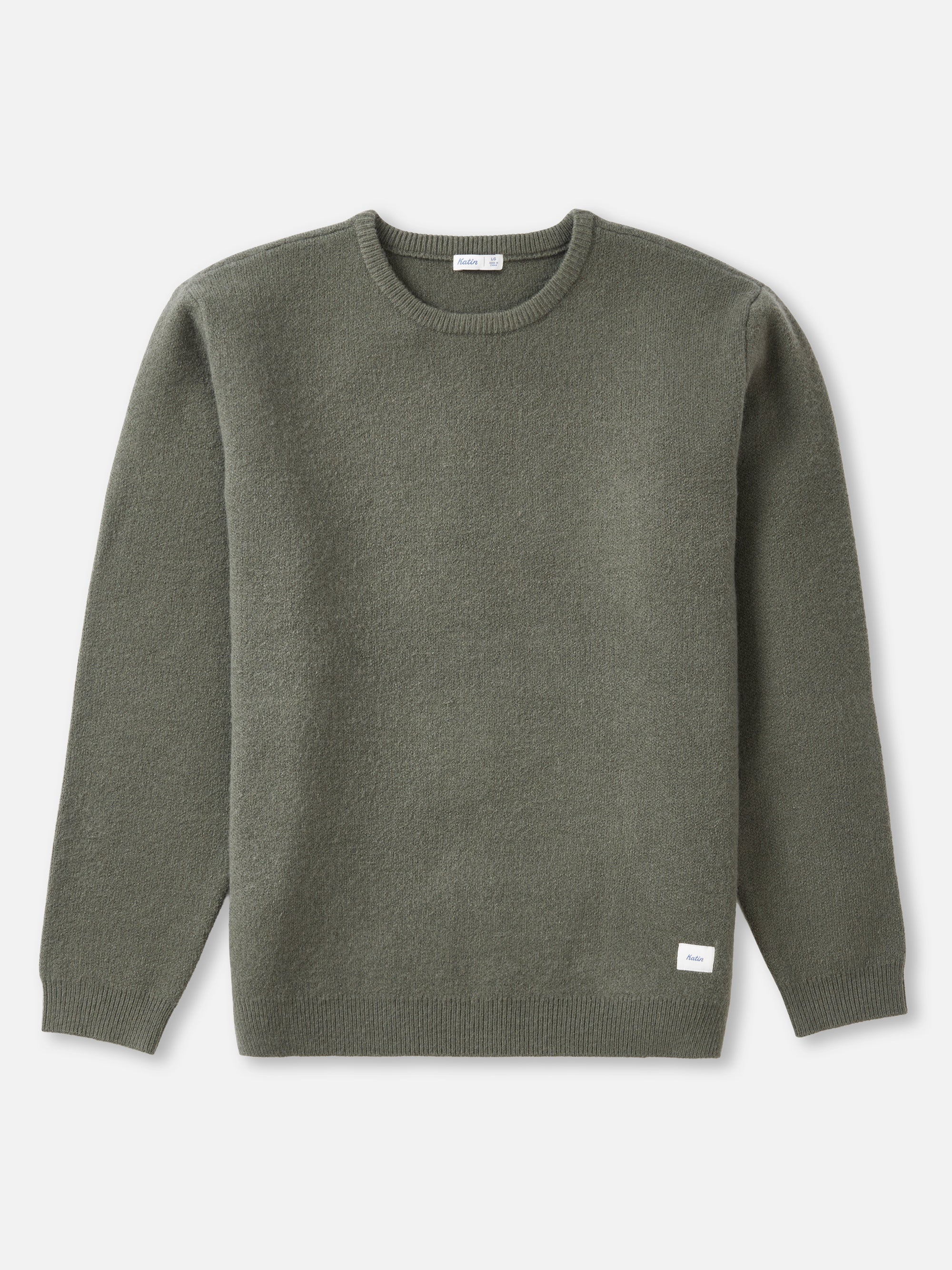 Katin Rivers crew neck sweater in muted gray green, laid flat, front view