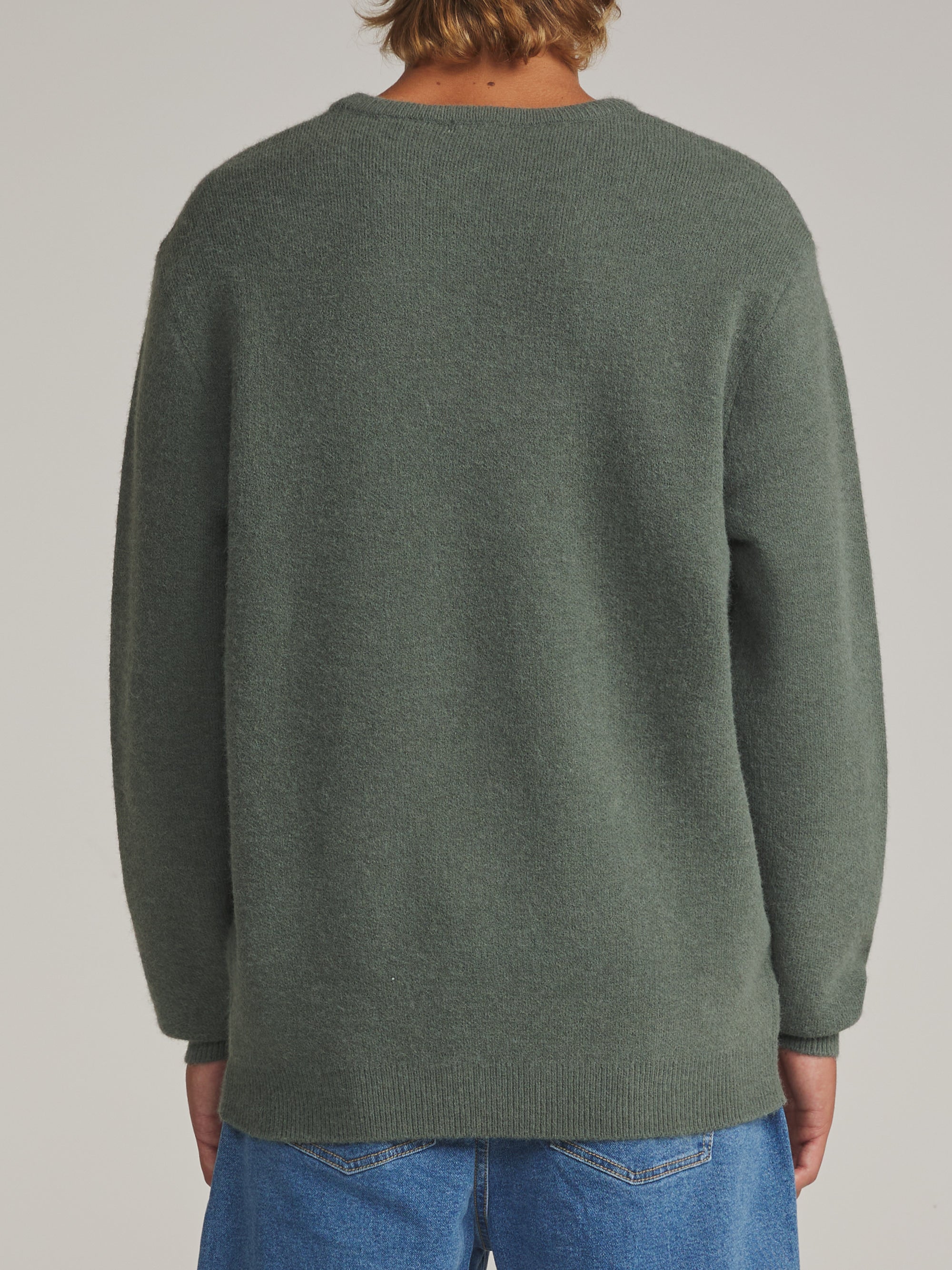 Back view of the gray green Katin Rivers crew neck sweater on a model