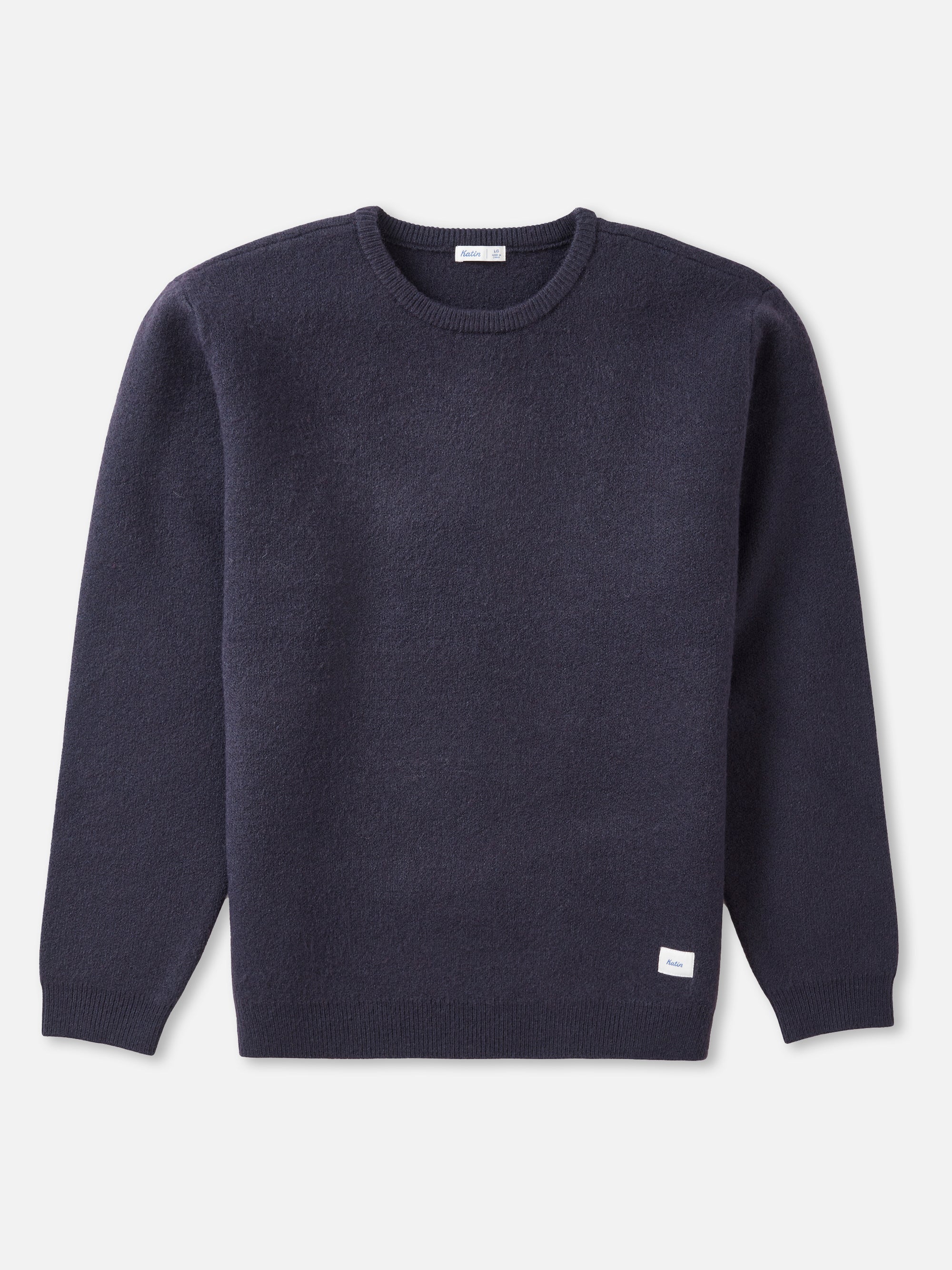 Katin Rivers crew neck sweater in deep navy, laid flat, front view