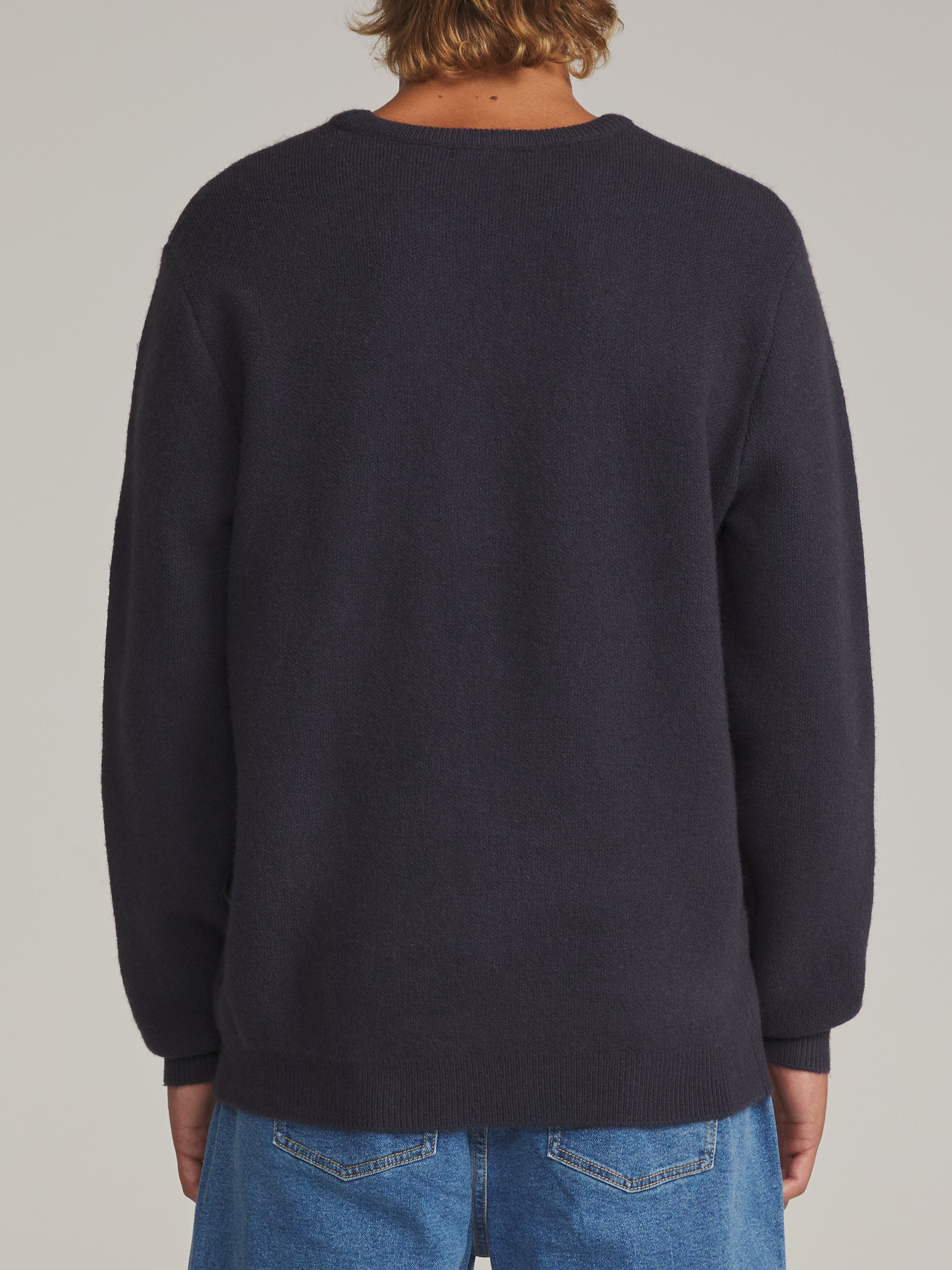 Back view of the navy Katin Rivers crew neck sweater on a model