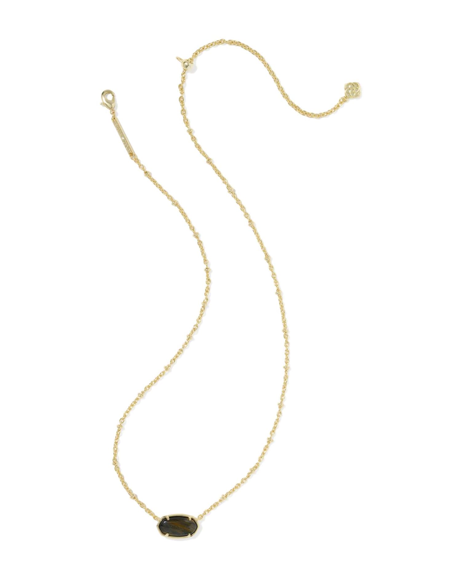Kendra Scott Tiger Striped Elisa Gold Short Pendant Necklace in Dark Brown Hawk's Eye, view 2