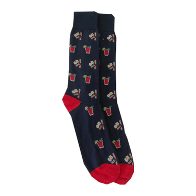 Navy socks with red tips and bacon and egg pattern on a white background