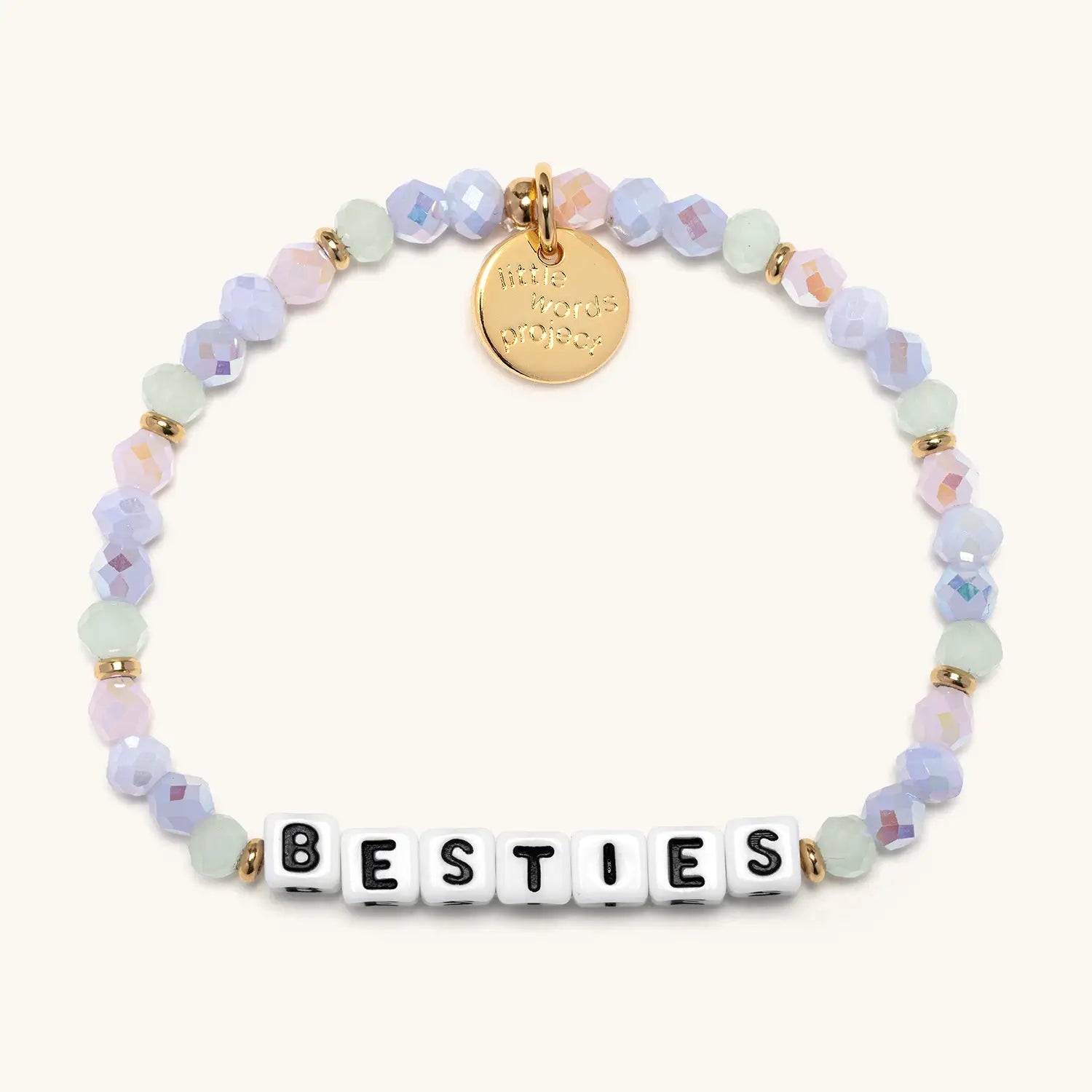 Pastel crystal bead bracelet spelling Besties with a gold tag