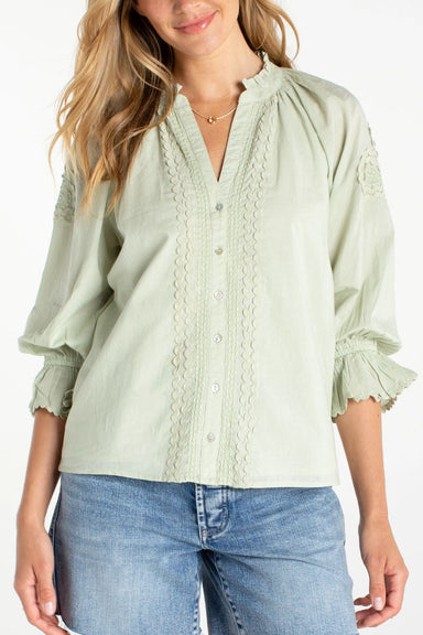 Liverpool 3/4 Sleeve Button Front Woven Top - Matcha - Liverpool