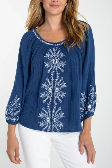 Liverpool 3/4 Sleeve Embroidered Woven Top - Liberty Blue - Liverpool