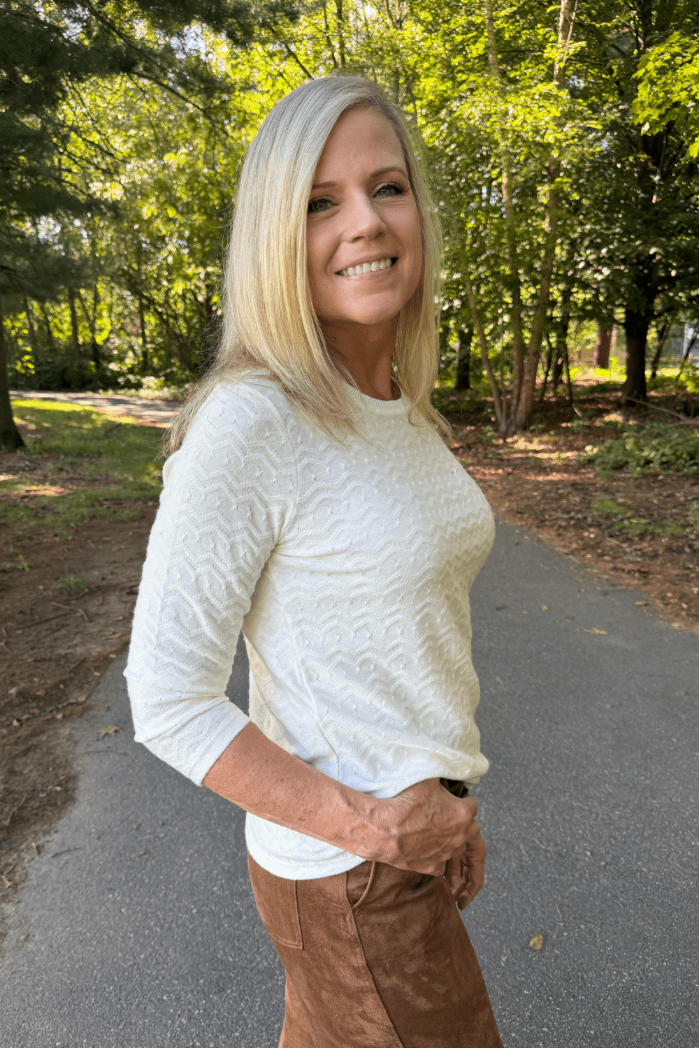 Liverpool 3/4 Sleeve Top with Rib Trim In French Vanilla - Liverpool