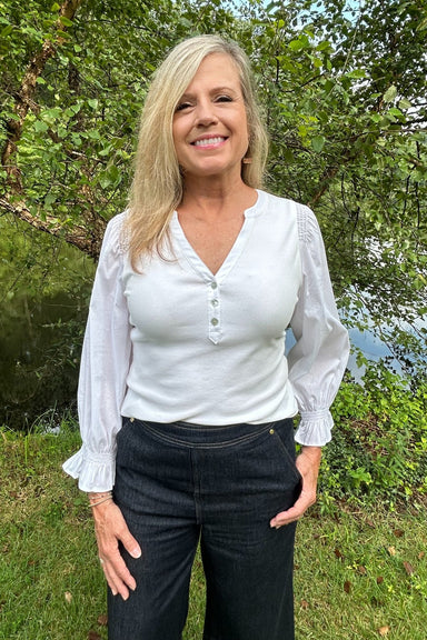 Liverpool 3/4 Sleeve Top with Smocking- White - Liverpool