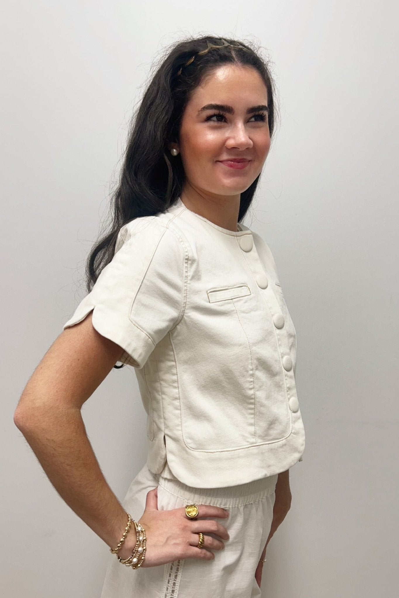 Liverpool Collarless Short Sleeve Cropped Jacket - Desert Dunes - Liverpool