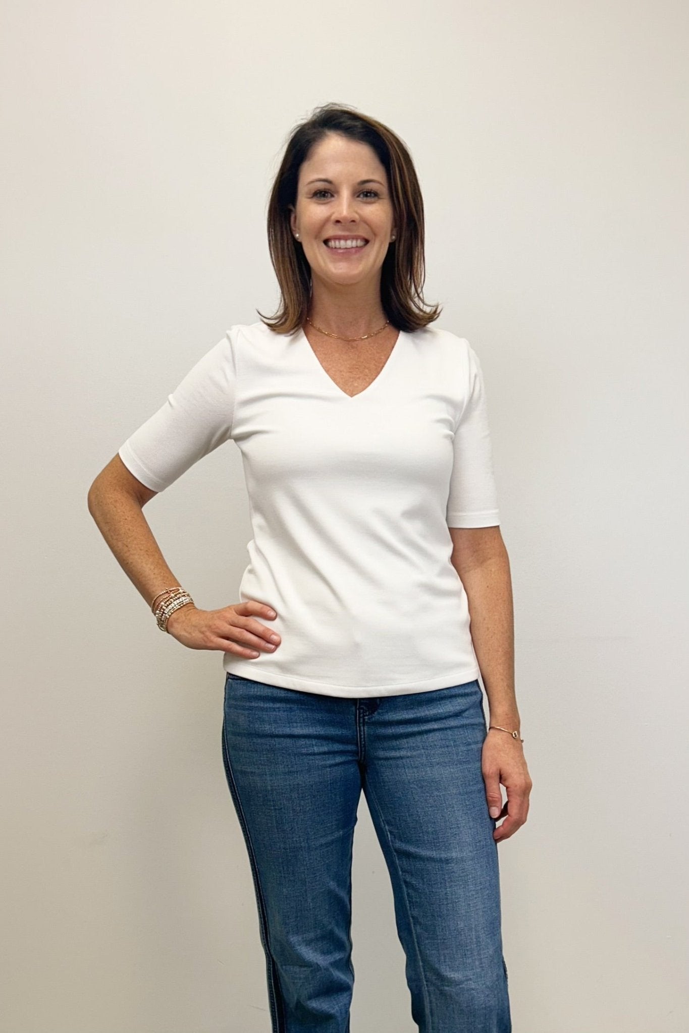 Liverpool Double Layer V - neck Rib Knit Top - Cream - Liverpool