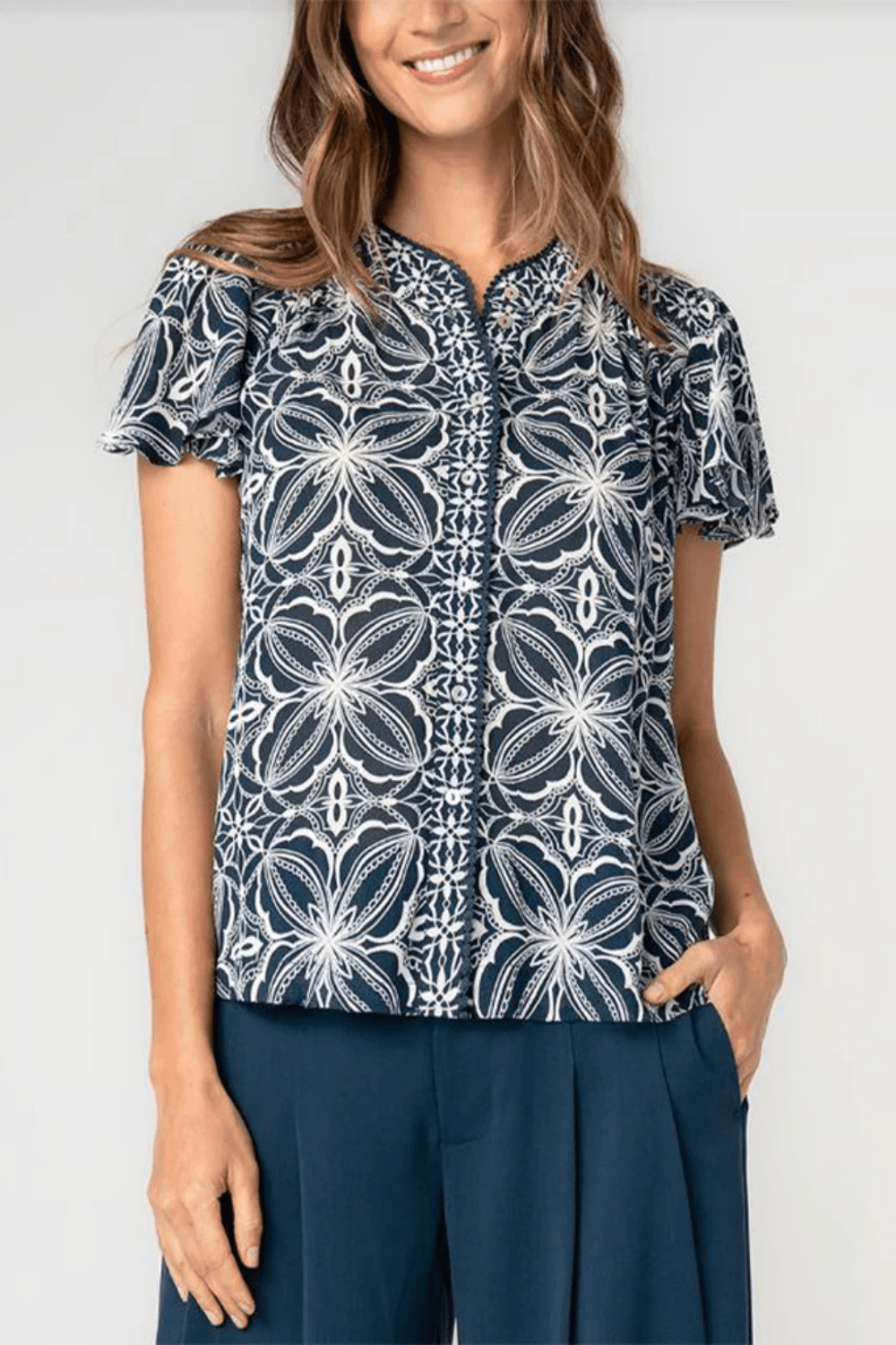 Liverpool Flutter Slv Print Buttondown- Blue Cream - Liverpool