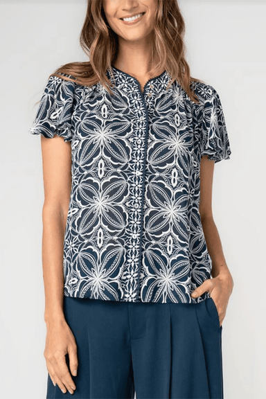 Liverpool Flutter Slv Print Buttondown- Blue Cream - Liverpool