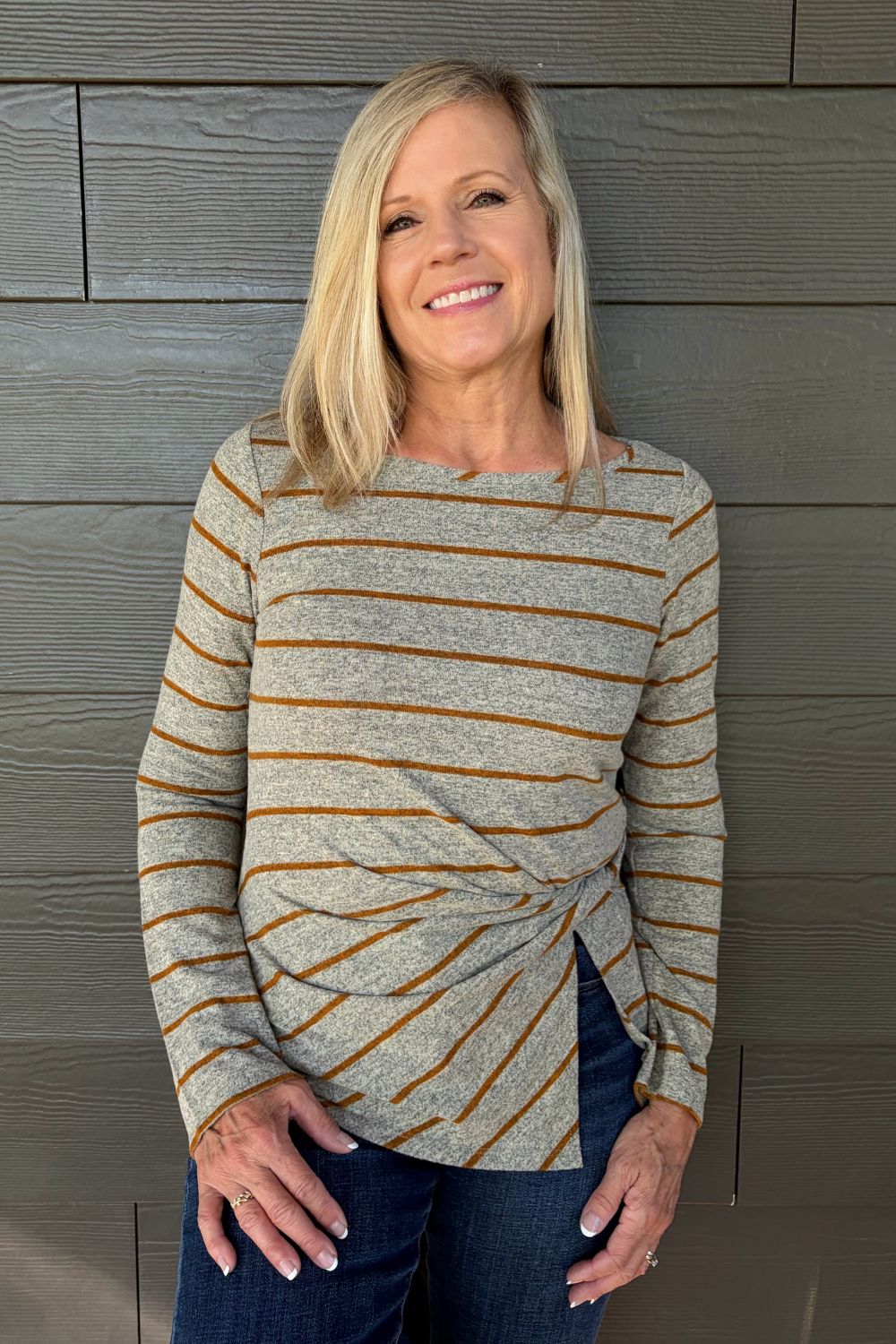 Liverpool Long Sleeve Boat Neck Top with Twist In Gray and Yellow - Liverpool
