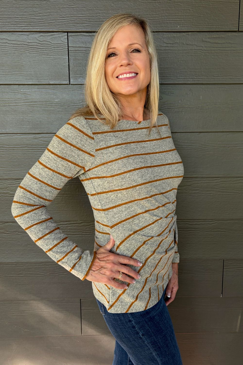 Liverpool Long Sleeve Boat Neck Top with Twist In Gray and Yellow - Liverpool