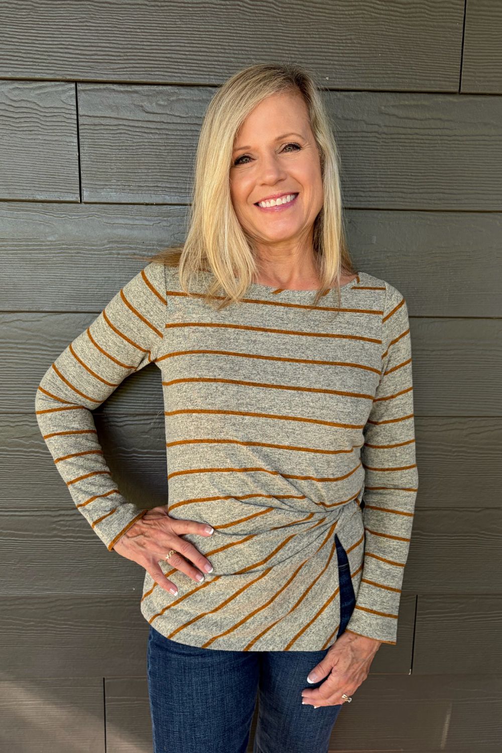 Liverpool Long Sleeve Boat Neck Top with Twist In Gray and Yellow - Liverpool