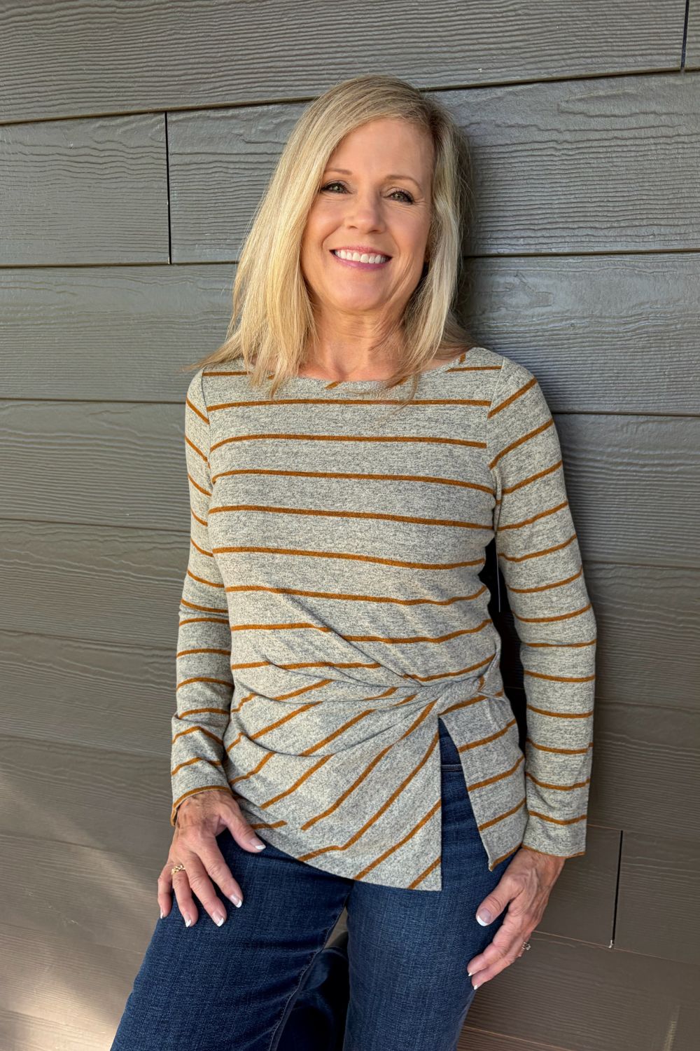 Liverpool Long Sleeve Boat Neck Top with Twist In Gray and Yellow - Liverpool