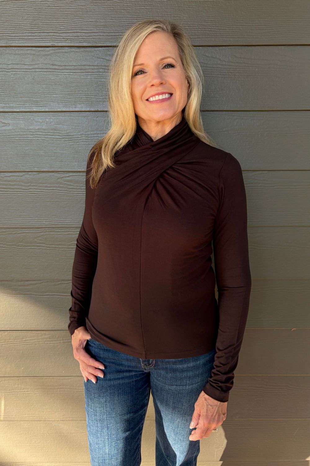 Liverpool Long Sleeve Wrap Neck Top In Java - Liverpool