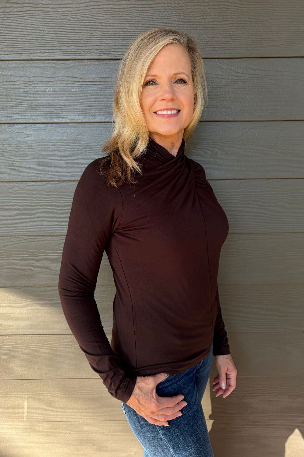 Liverpool Long Sleeve Wrap Neck Top In Java - Liverpool