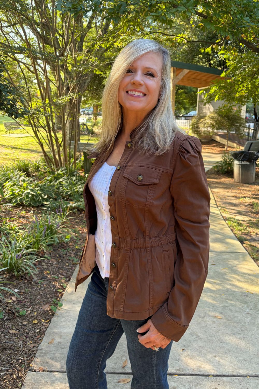 Liverpool Puff Sleeve Trucker Jacket with Ruffle Collar In Carob Brown - Liverpool