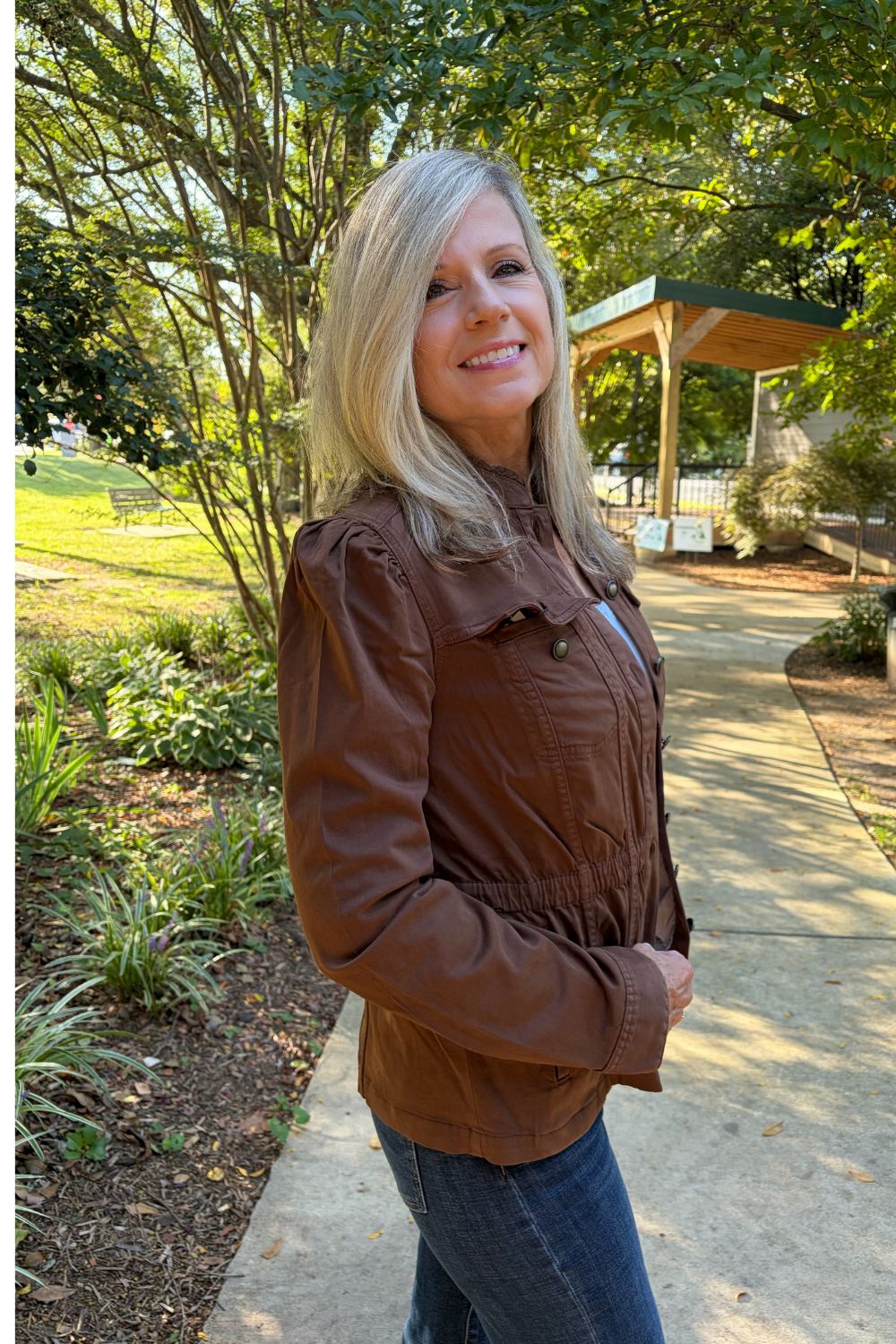 Liverpool Puff Sleeve Trucker Jacket with Ruffle Collar In Carob Brown - Liverpool
