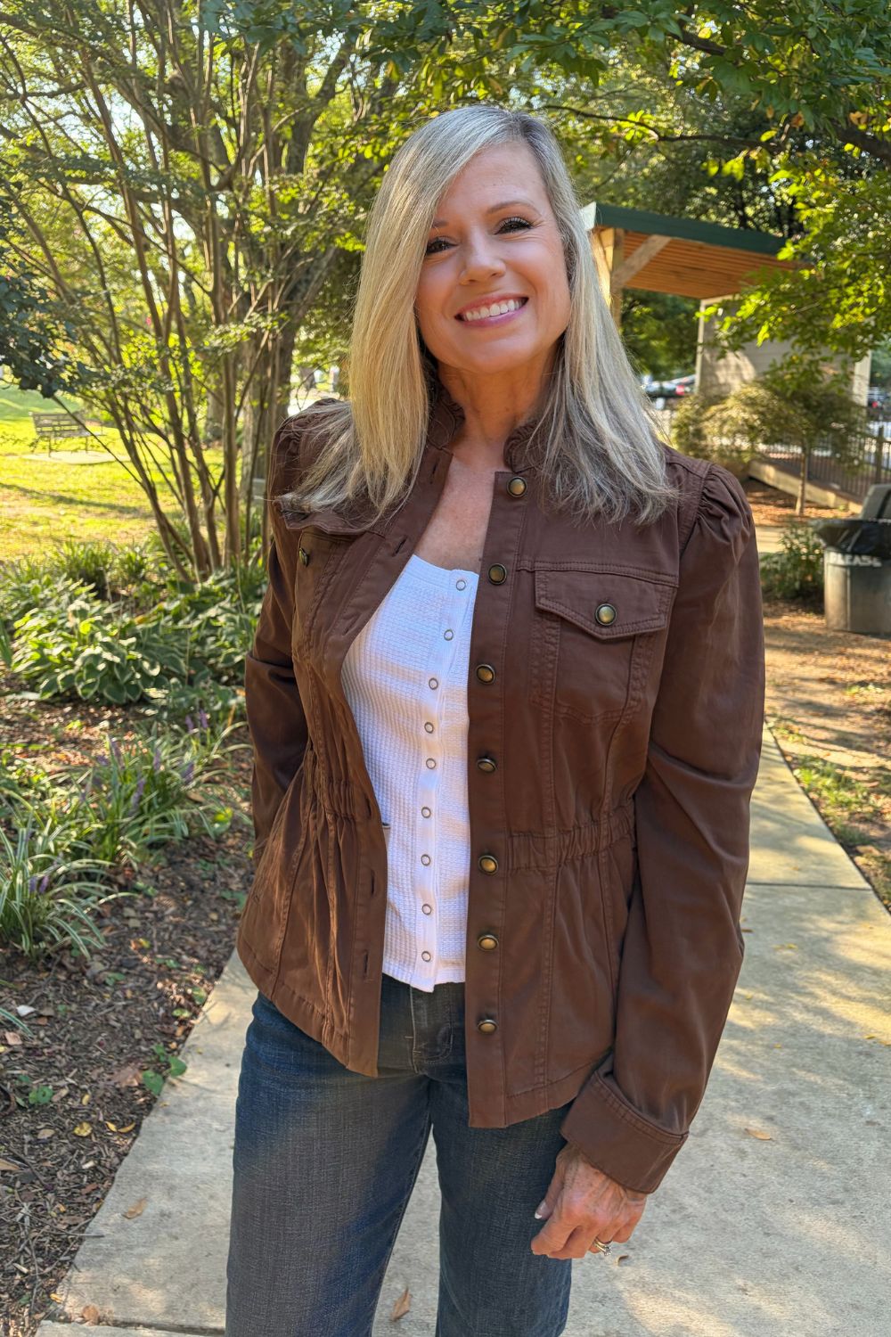 Liverpool Puff Sleeve Trucker Jacket with Ruffle Collar In Carob Brown - Liverpool