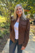 Liverpool Puff Sleeve Trucker Jacket with Ruffle Collar In Carob Brown - Liverpool