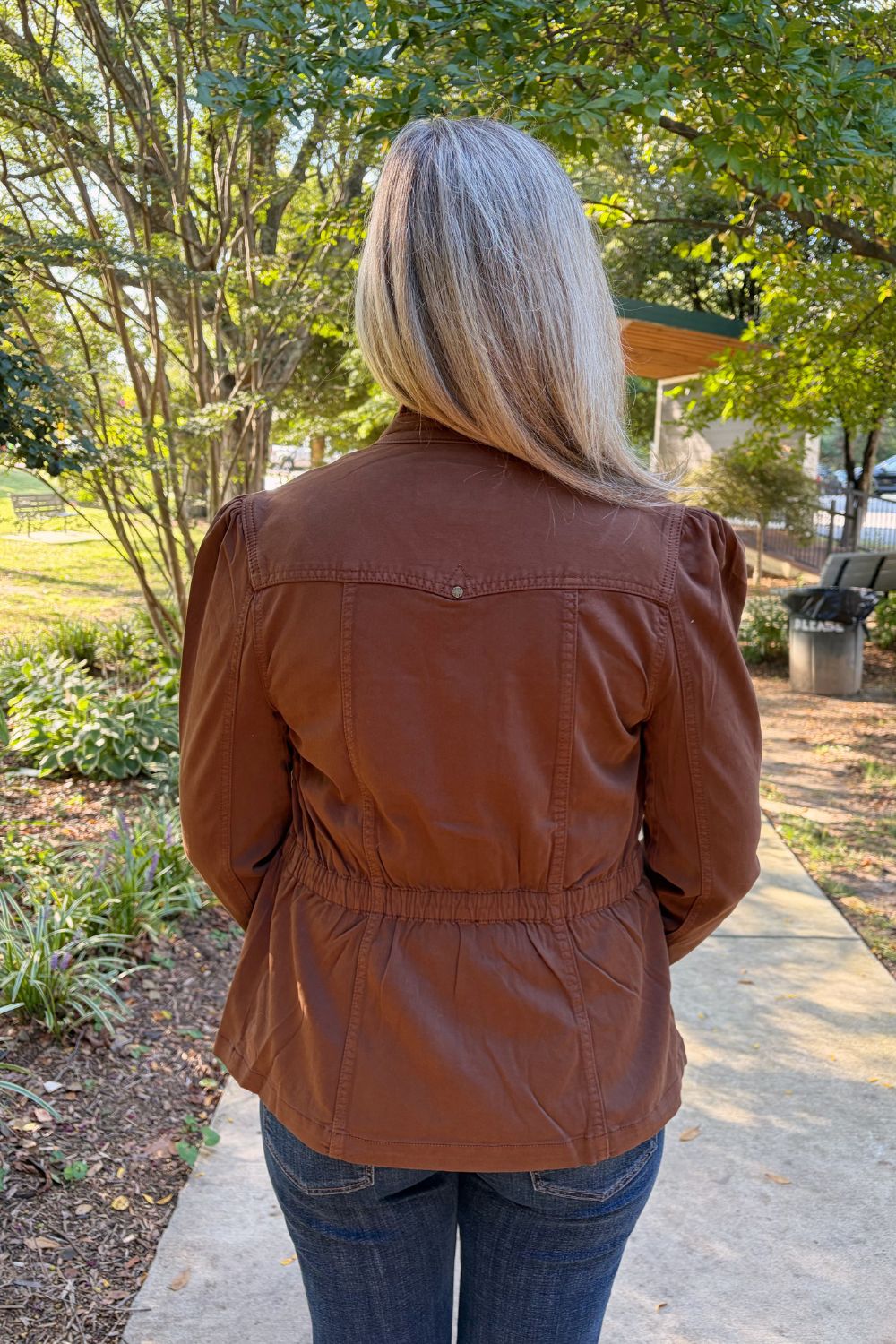 Liverpool Puff Sleeve Trucker Jacket with Ruffle Collar In Carob Brown - Liverpool