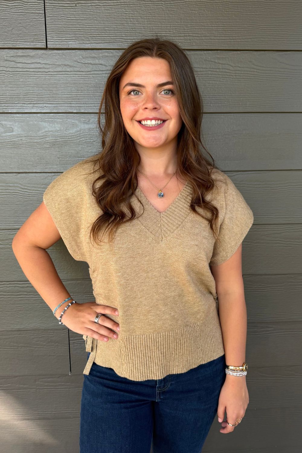 Liverpool V Neck Dolman Sweater with Ties In Harvest Khaki - Liverpool