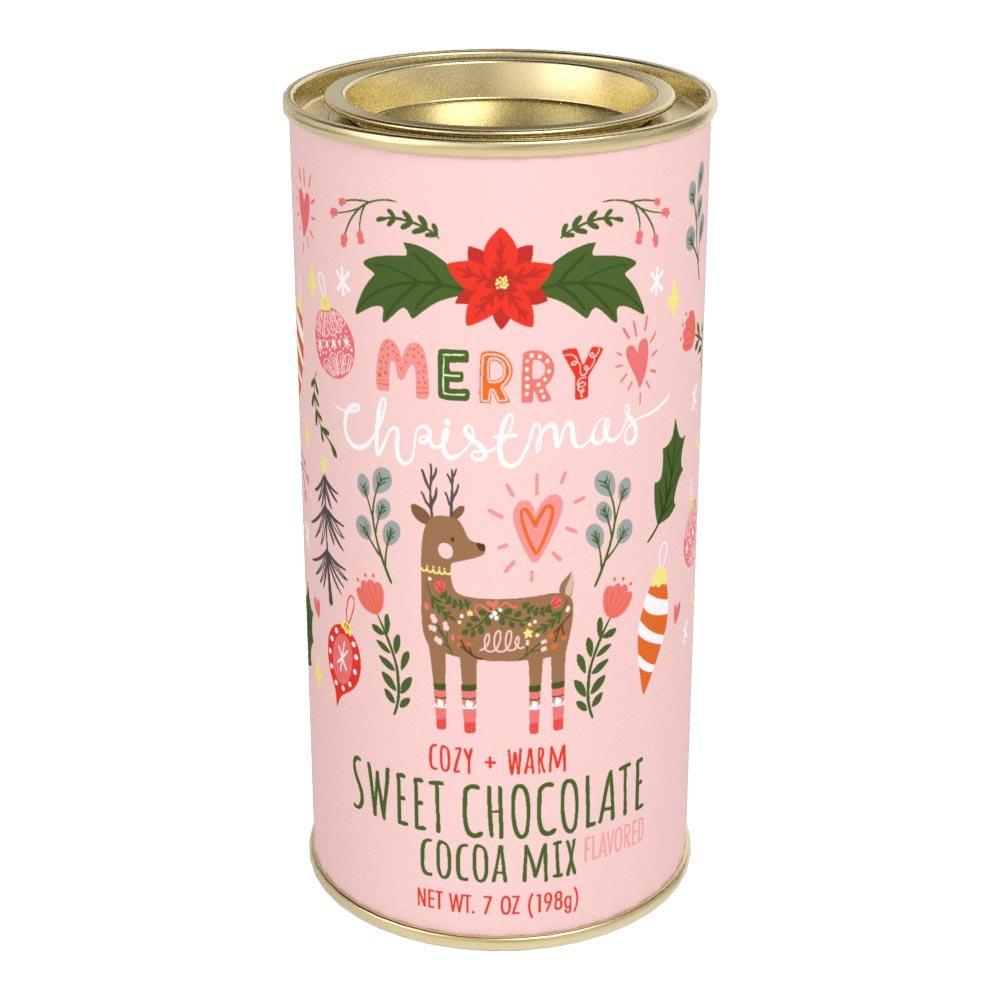McSteven's Christmas Deer Sweet Hot Cocoa pink 7 oz round tin with a Nordic inspired deer
