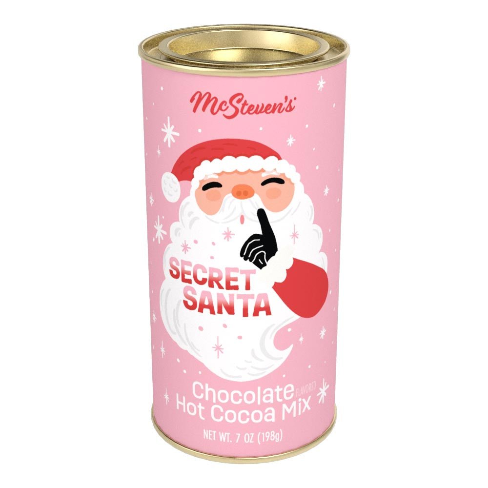 McSteven's Secret Santa Hot Cocoa pink 7 oz round tin with a shushing Santa