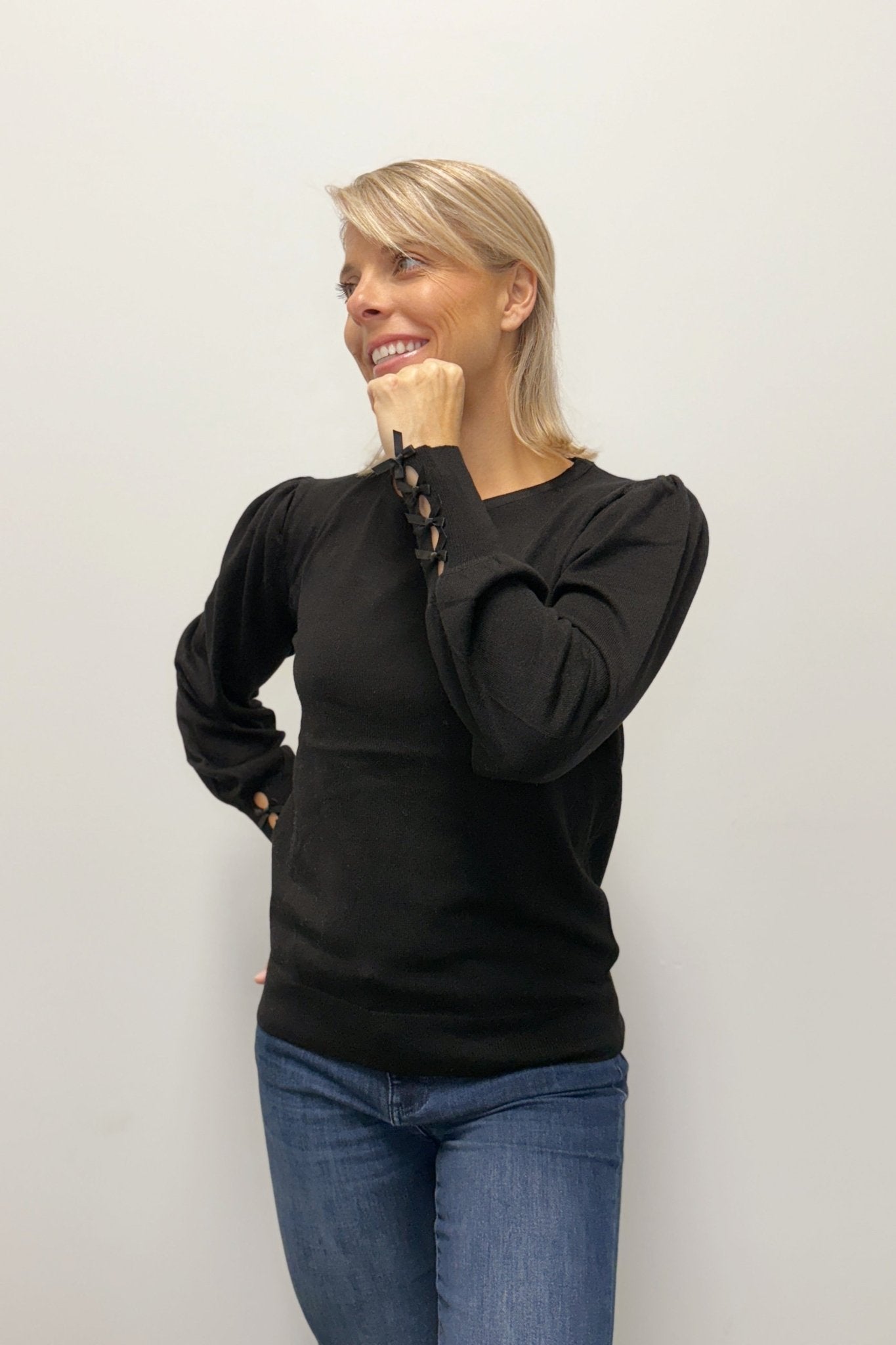 Molly Bracken Bow Sleeve Solid Knitted Sweater - Black - Molly Bracken