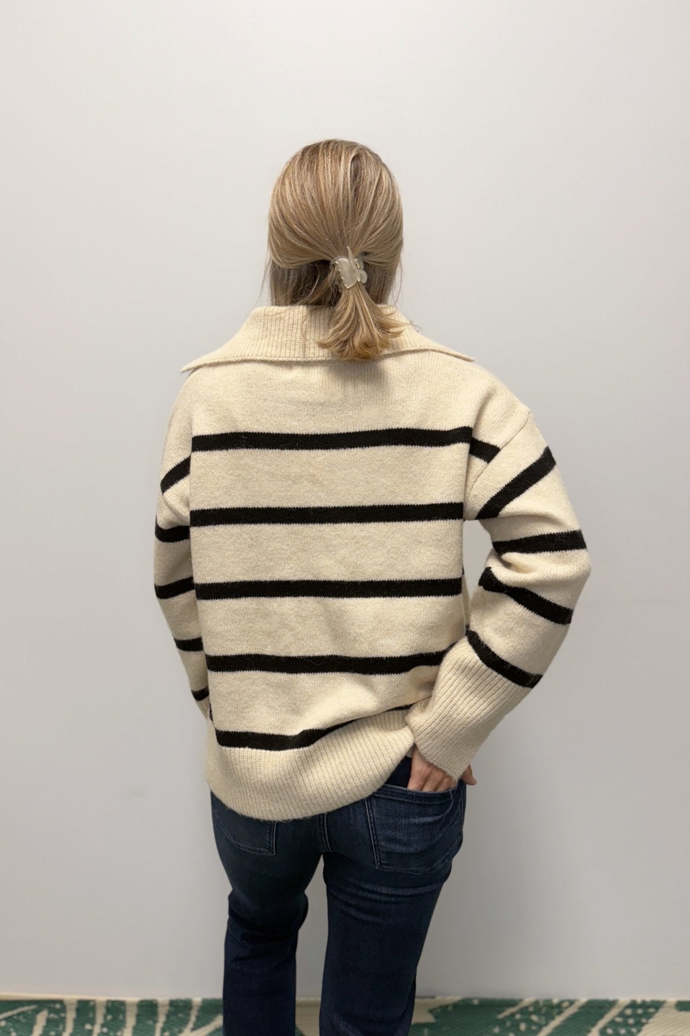 Molly Bracken Striped Collared Sweater - Off White/Black - Molly Bracken