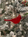 Red cardinal ornament hanging on a Christmas tree