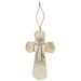 White stoneware cross with raised angel design and twine hanger