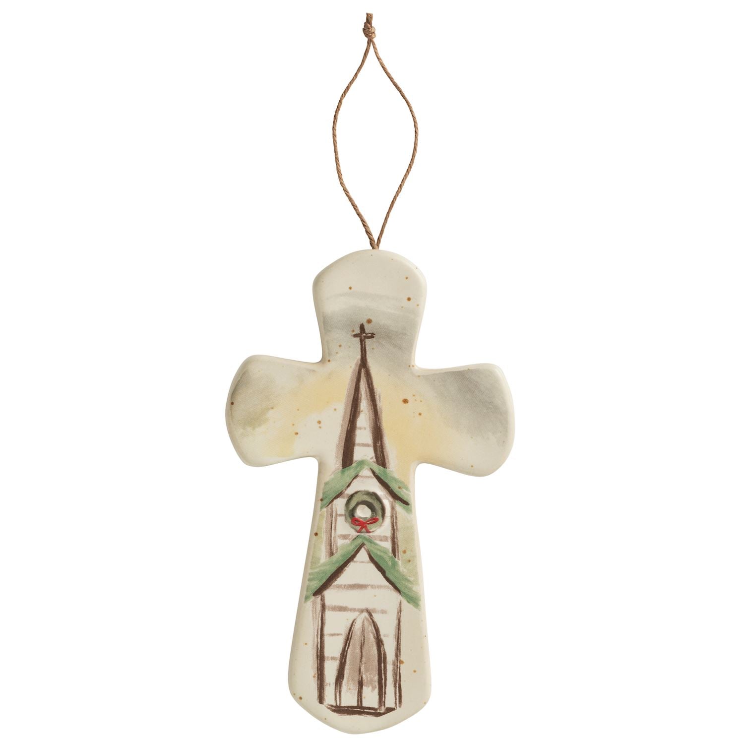 White stoneware cross with raised church design and twine hanger