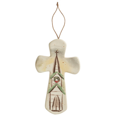 White stoneware cross with raised church design and twine hanger