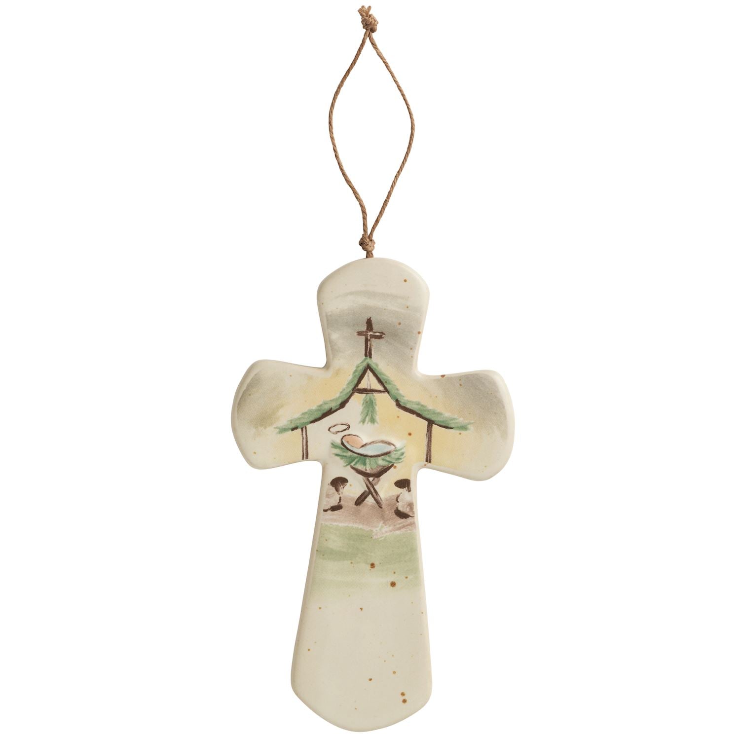 White stoneware cross with raised manger scene and twine hanger